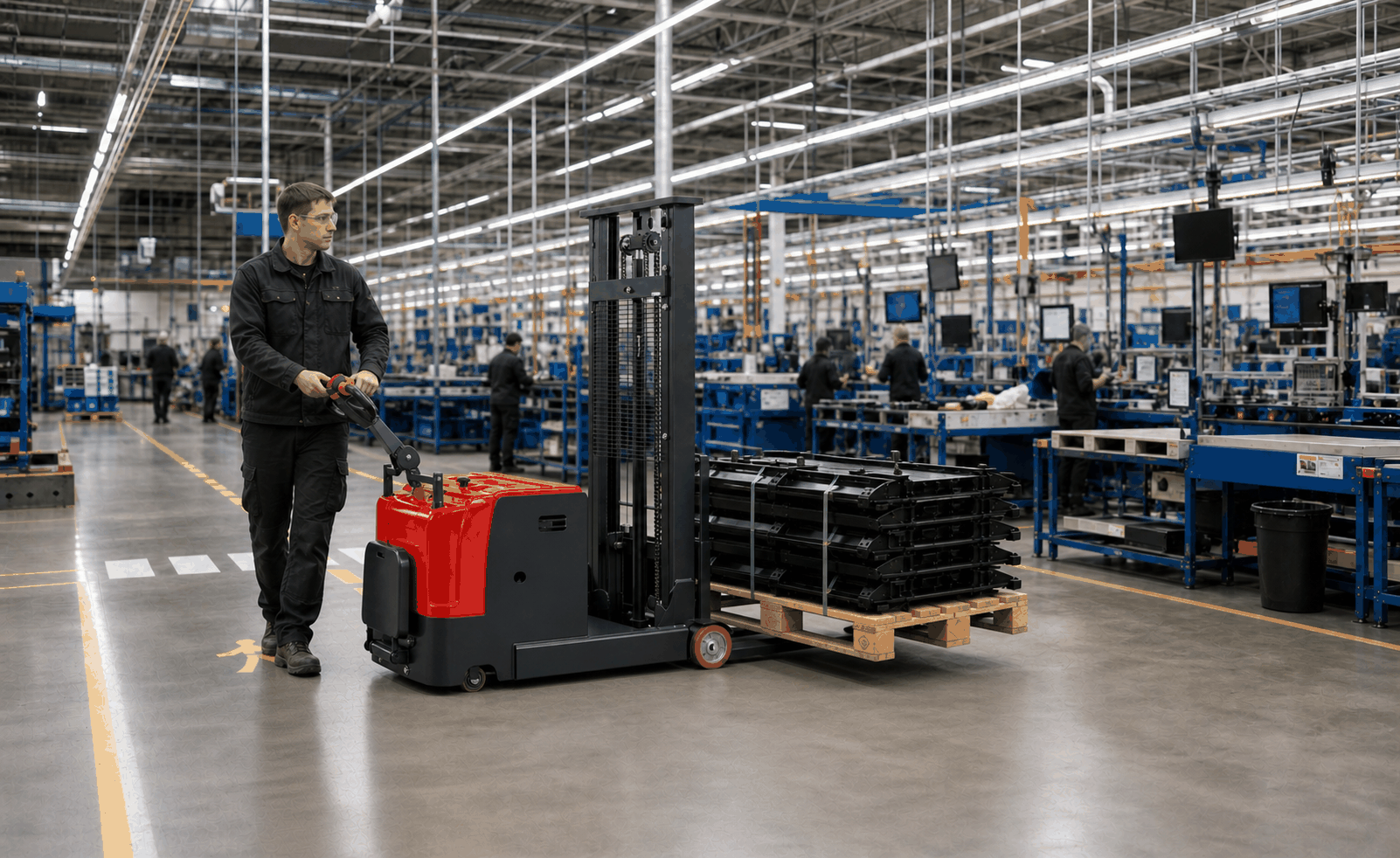 Counterbalanced electric stacker transporting material beside a factory production line