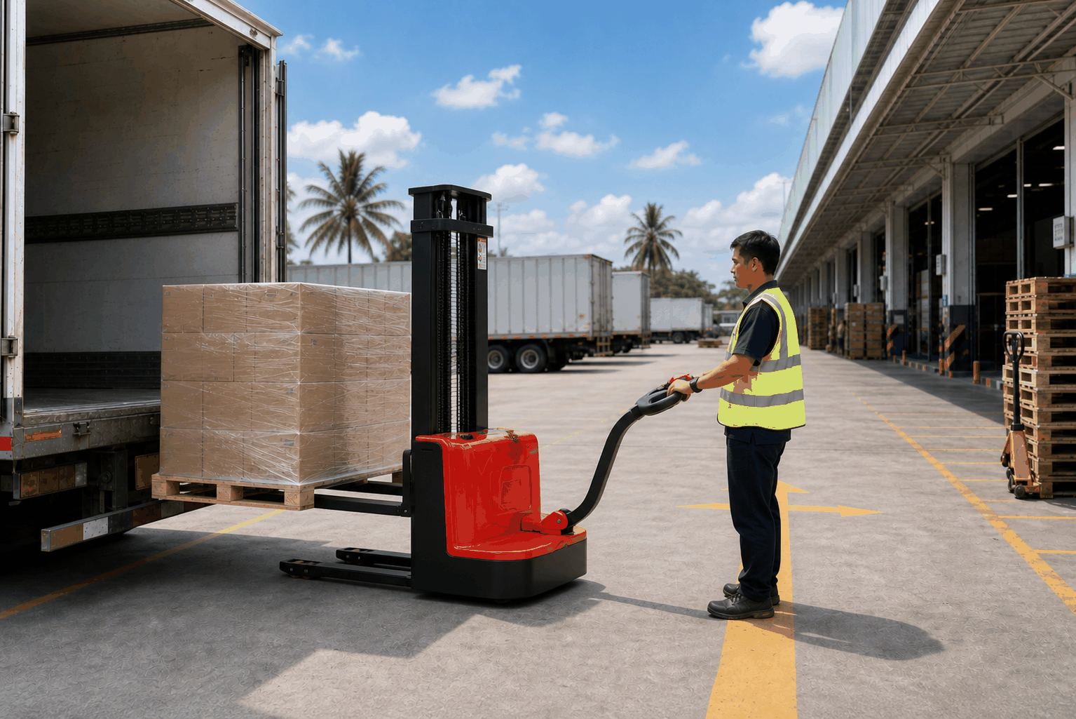 Walk-behind electric stacker unloading a pallet at a logistics park