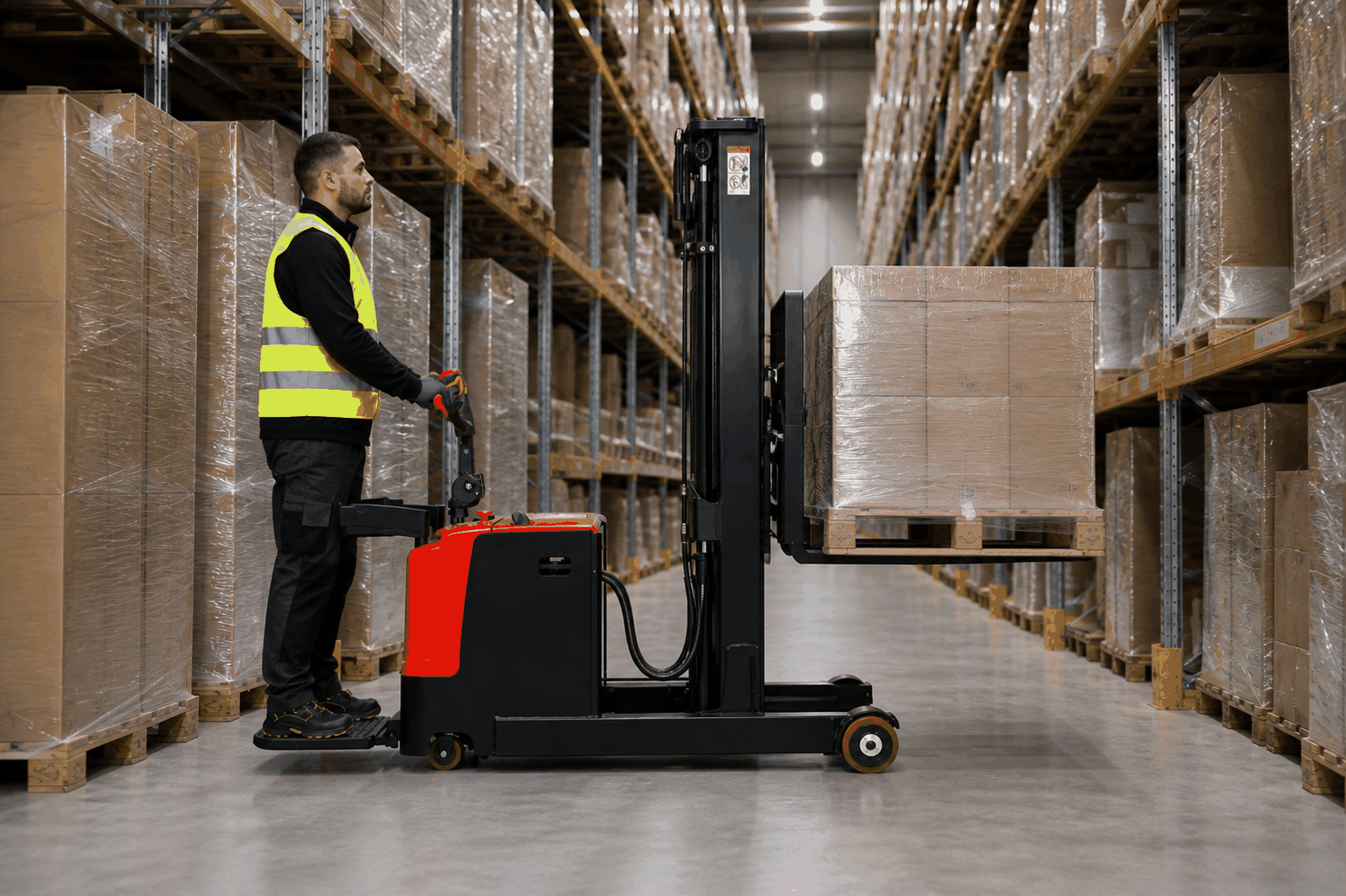CDDA electric stacker operating in a narrow warehouse aisle